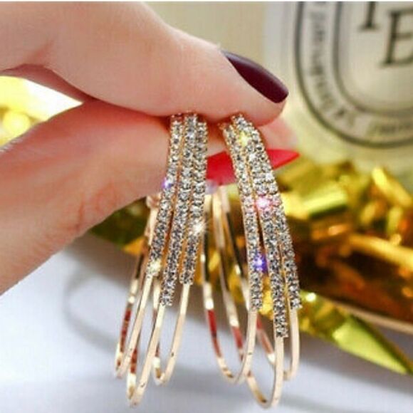 Elegant CZ Diamond Hoop Dangle Earrings - Picture 2 of 3